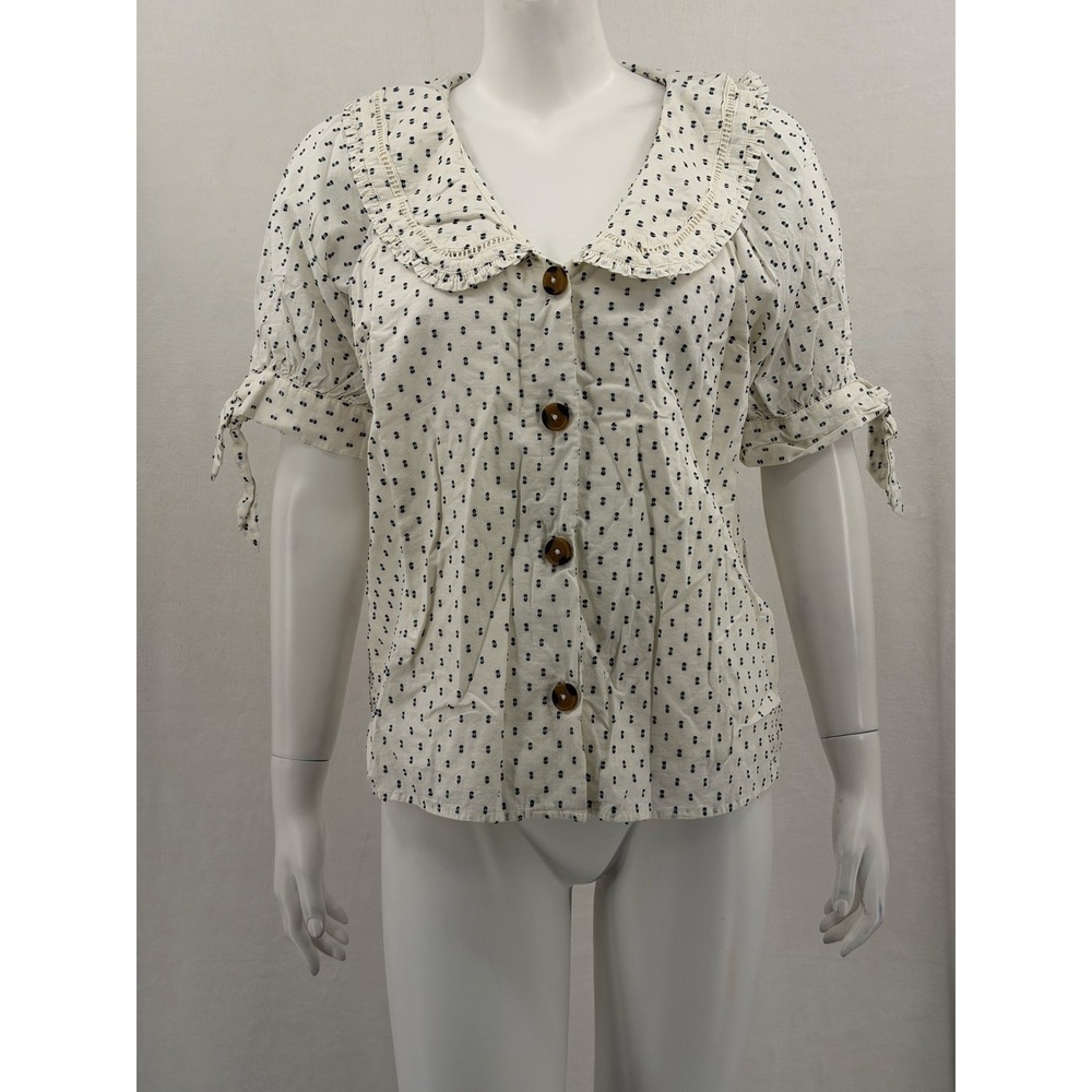 Lauren Conrad Top Womens Medium Ivory Button Up Ruffle Clip Dot Cottage Feminine